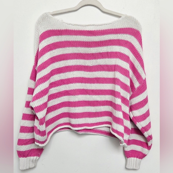 Aerie Off-the-Shoulder Boat Neckline Pink&White Stripe Cotton Blend XL Sweater - Picture 7 of 11